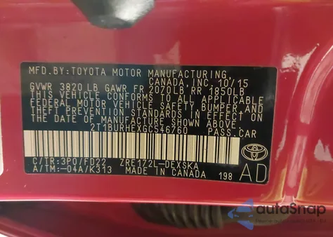 2016 Toyota Corolla S W/Special Edition Pkg from USA, damaged, VIN 2T1BURHEXGC546760